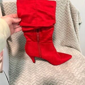 SHEIN Red Mid-Calf Pointed Toe Kitten Heel Boots